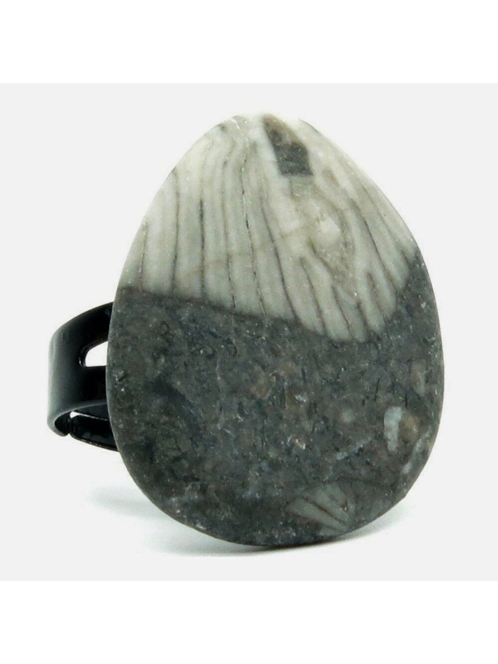 Fossilized Stone Ring Sea Capsule Black Gray Adjustable Fossil Coral Gem Jewelry